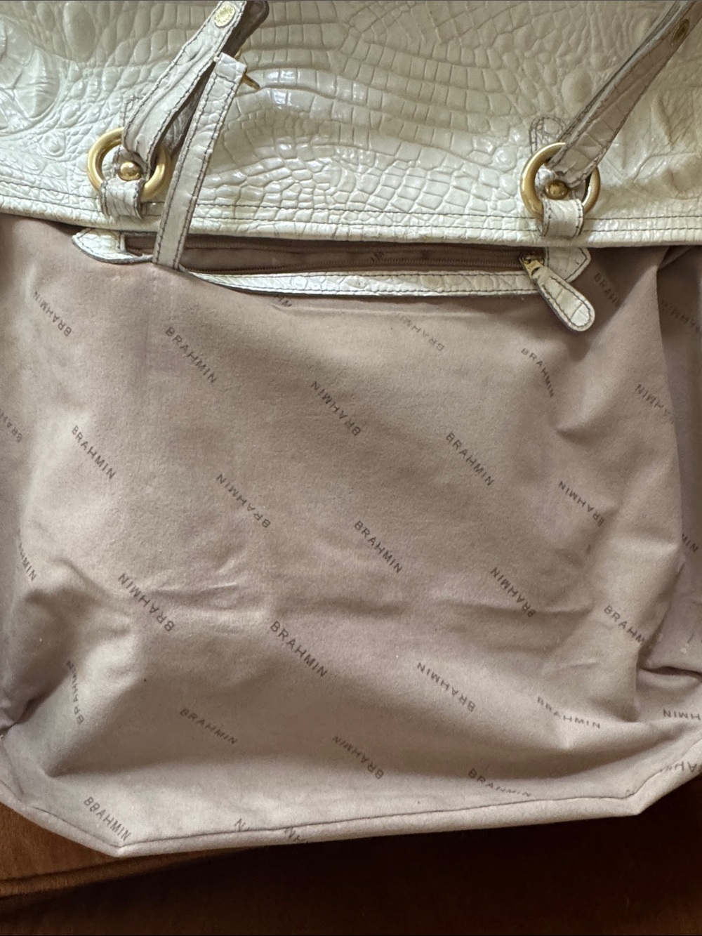 Brahmin Melbourne Croc Embossed Leather Tote Bag Linen Cream Gold - Picture 7 of 12